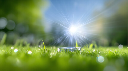 Fototapeta premium A vibrant close-up of dew glistening on grass under the bright sun, capturing the freshness of nature.