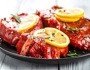 Marinated raw beef steaks topped with lemon slices and rosemary on a black plate atop a white wooden surface