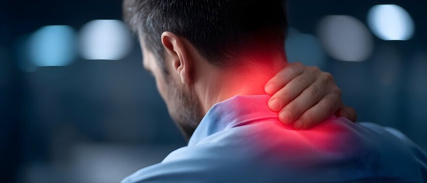 Stressed man touching neck due to muscle pain, male adult with painful ache, health stress, sitting alone, office work injury, caucasian body, backache, shoulder, spine, medical concept, indoor.