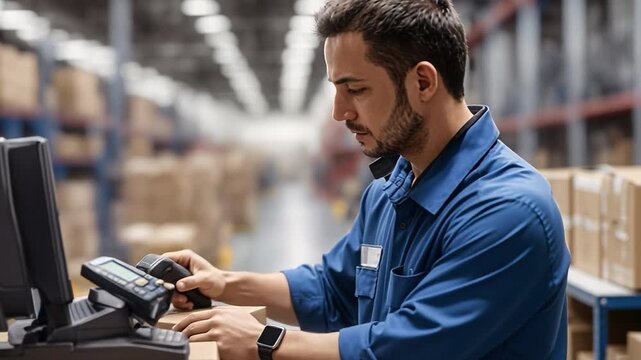 A worker is using a scanner to check items in a warehouse. Boxes are visible in the background. The worker is focused on the task at hand and wearing a blue uniform