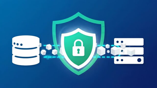 Digital Data Flow Protected by Security Shield Between Database and Server Icons