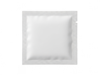 Single condom packet on plain white background