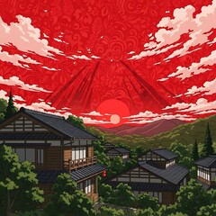 Traditional dwellings nestled in a lush, green valley beneath a vibrant, patterned red sunrise