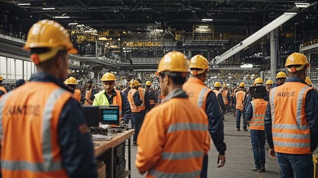 A group of workers in helmets and safety vests gather in an industrial space. They discuss tasks and prepare tools for their work shift during the afternoon at the facility