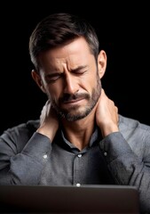 Stressed man touching neck due to muscle pain, adult male suffering backache, health care concept, caucasian person with head ache, office injury, alone at computer, indoor, medical, sick, muscular.