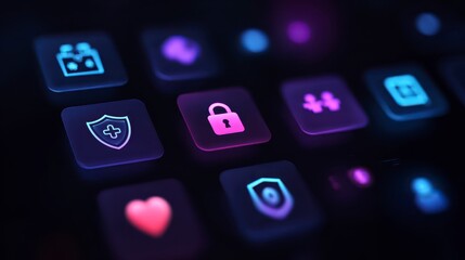 Fototapeta premium Security icon lock shield protection digital interface with glowing neon light effect on dark background, representing data safety and encryption technology