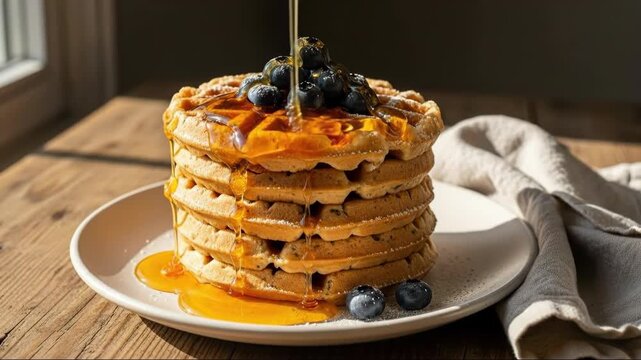 Golden syrup cascading over blueberrytopped waffle stack in morning sunlight