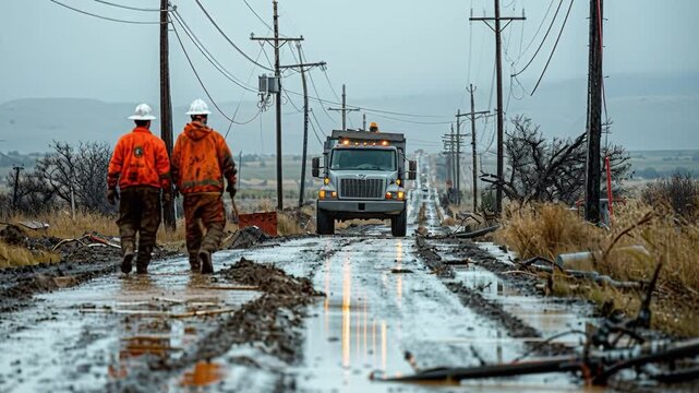 Two workers walk on a muddy road after a storm. They look at the damage, where a truck drives in the distance. Overhead power lines are visible, and the area appears wet and rural