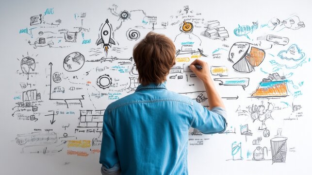 Entrepreneur shaping unique value proposition diagram on whiteboard with colorful business strategy sketches and charts, creative planning and innovation process in office environment