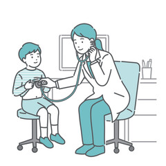 白衣を着た女性医師による男の子の聴診・診察のイラスト