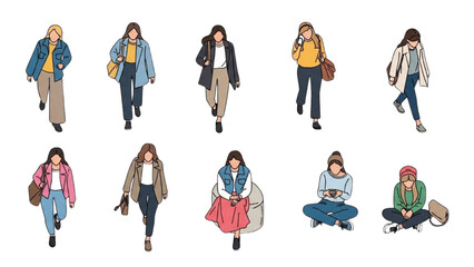 Collection of diverse women in various outfits and poses, showcasing different styles and attitudes, illustrations on a clean white background from various viewpoints