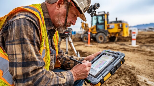Construction worker using digital tablet on site with heavy machinery in background, focused on field inspection workflow assessing project progress and data collection with emotional dedication