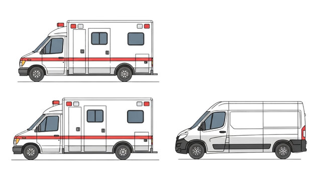 Ambulance vehicles illustrated from multiple viewpoints showcasing emergency services