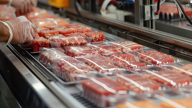 Workers in gloves arrange raw meat products on a conveyor belt in a processing facility. The scene shows various types of meat being prepared for packaging