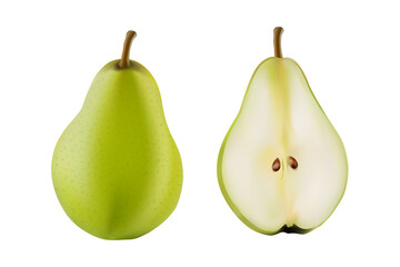 Fresh Green Pear Whole And Cut Half Slice Isolated On Black Background, Healthy Organic Fruit Realistic Vector Illustration Transparent Background