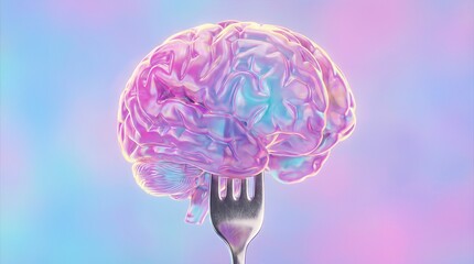 Surreal illustration of a colorful brain balanced on a fork against a dreamy pastel background, representing whimsical creativity and playful imagination in visual storytelling