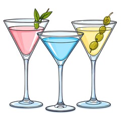 Martini glasses filled with pink, blue, and yellow drinks, garnished with olives, art style, isolated on white