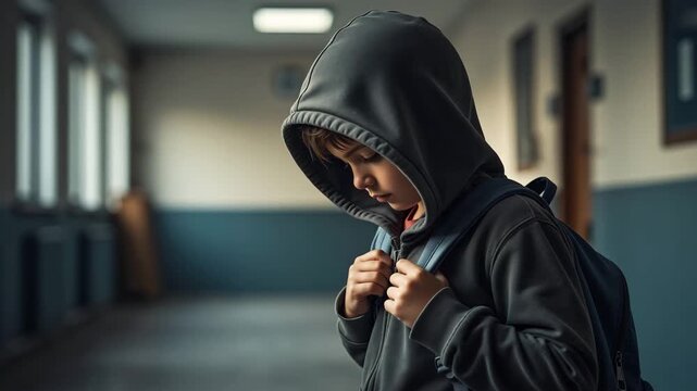 Sad young boy standing alone in a school hallway wearing a hoodie. Lonely child looking down with a backpack representing bullying or depression. Student isolation and mental health concept