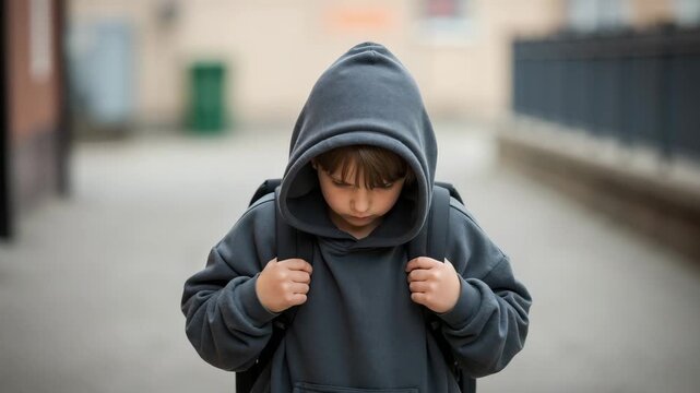 Sad child wearing a hoodie and backpack looking down. Upset young boy standing alone outdoors. School bullying and depression concept