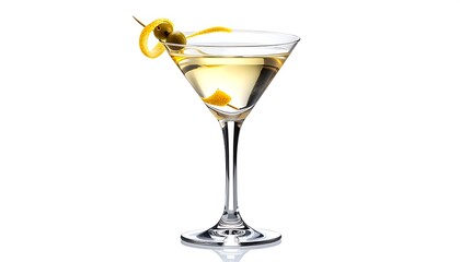Martini with olive and citrus peel garnish in a clear glass against a plain white background