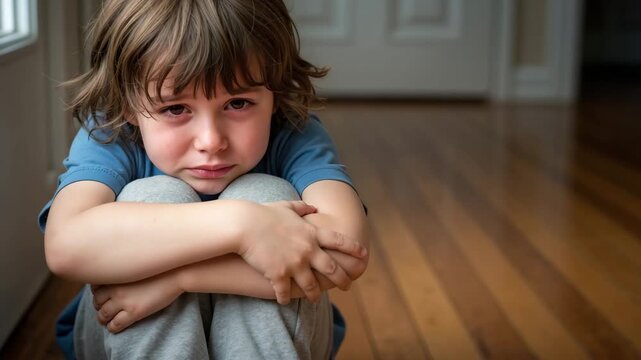 Sad little boy sitting on the floor hugging his knees. Lonely child looking distressed and tearful indoors. Concept of bullying, punishment, or childhood anxiety