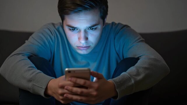 Sad young man using smartphone in the dark. Anxious teenager reading negative messages on screen at night. Cyberbullying concept