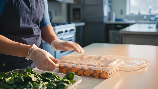 Person closes container with sweet potato cubes wearing gloves. Kitchen meal prep with potato and spinach nearby. Person seals container lid. Sweet potato storage in plastic container for meal.
