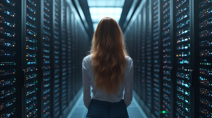 A woman stands in a modern data center, surrounded by high-tech servers, symbolizing innovation and digital transformation.