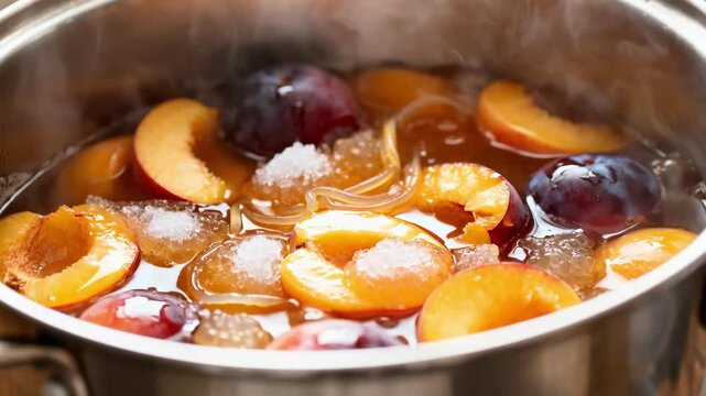 Closeup medium view of luscious stone fruit pieces melding with sugar and pectin in a stainless steel pot steaming gently while simmering for a fresh natural jam.