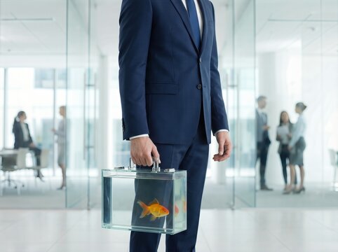 Businessman in a suit holding a transparent briefcase with a goldfish inside, standing in a modern office space, showcasing surreal silliness in a corporate environment