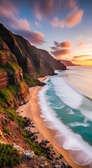 Towering coastal cliffs meet an ocean beach at sunset with elongated cloud streaks