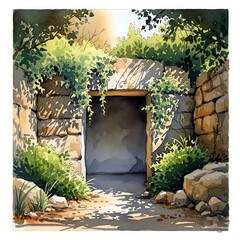 Watercolor painting depicts an old stone archway overgrown with vibrant green foliage under bright sunlight