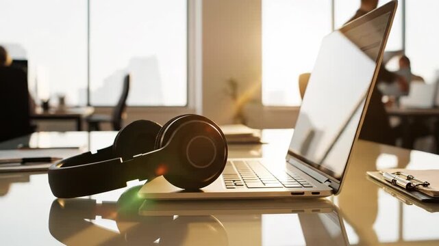 Headphones on a laptop computer in a modern office setting with a blurred background