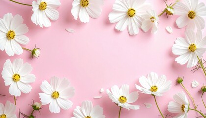 White cosmos flowers on a soft pink background, creating a floral frame