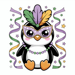 Fototapeta premium A charming penguin is adorned in festive Mardi Gras attire, complete with colorful feathers and a beaded necklace