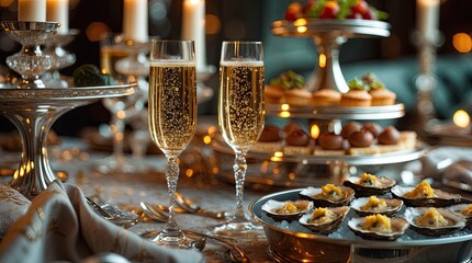 Luxury Fine Dining Table with Champagne Crystal Glasses and Fresh Oysters