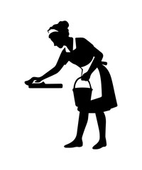 Maid silhouette wiping table, cleaning and service tasks