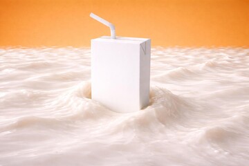 Creative Juice Carton with Straw on Wavy Liquid Surface, Eye-Catching Design Concept