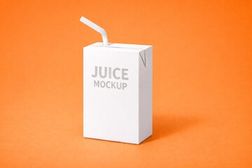 Blank Juice Carton with Straw Mockup on Vibrant Orange Background