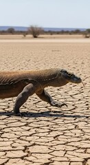 Large reptile walks across sunbaked parched earth under bright daylight