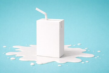 Minimalist Juice Carton with Straw on Blue Background and Milk Spill