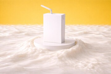 Minimalist Juice Carton with Straw on Abstract Liquid Background