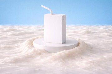 Minimalist White Juice Carton with Straw on Milk-Like Waves