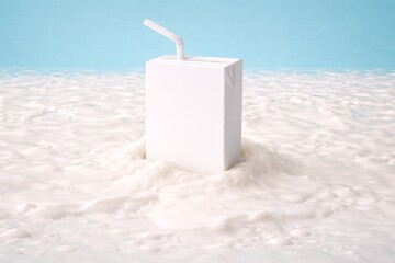 Minimalistic Juice Pack Carton with Straw on Liquid Surface Background