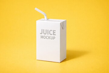 Realistic Juice Carton with Straw on Vibrant Yellow Background Mockup