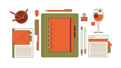 flat lay workspace featuring planner stationery documents writing tools and a wine glass ideal for productivity content.