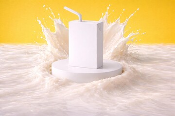 Refreshing Juice Pack Carton with Straw and Milk Splash on Yellow Background