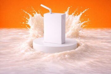 Refreshing Juice Pack Carton with Straw and Splashing Liquid on Orange Background