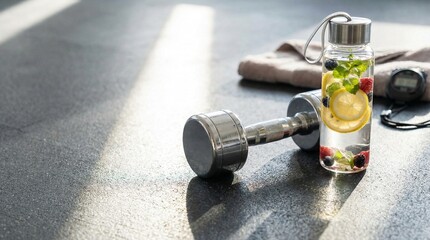 Fitness Weights and Fruit Infused Detox Water Bottle in Gym
