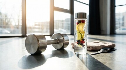 Fitness Equipment with Fruit Infused Water Bottle in Sunny Gym